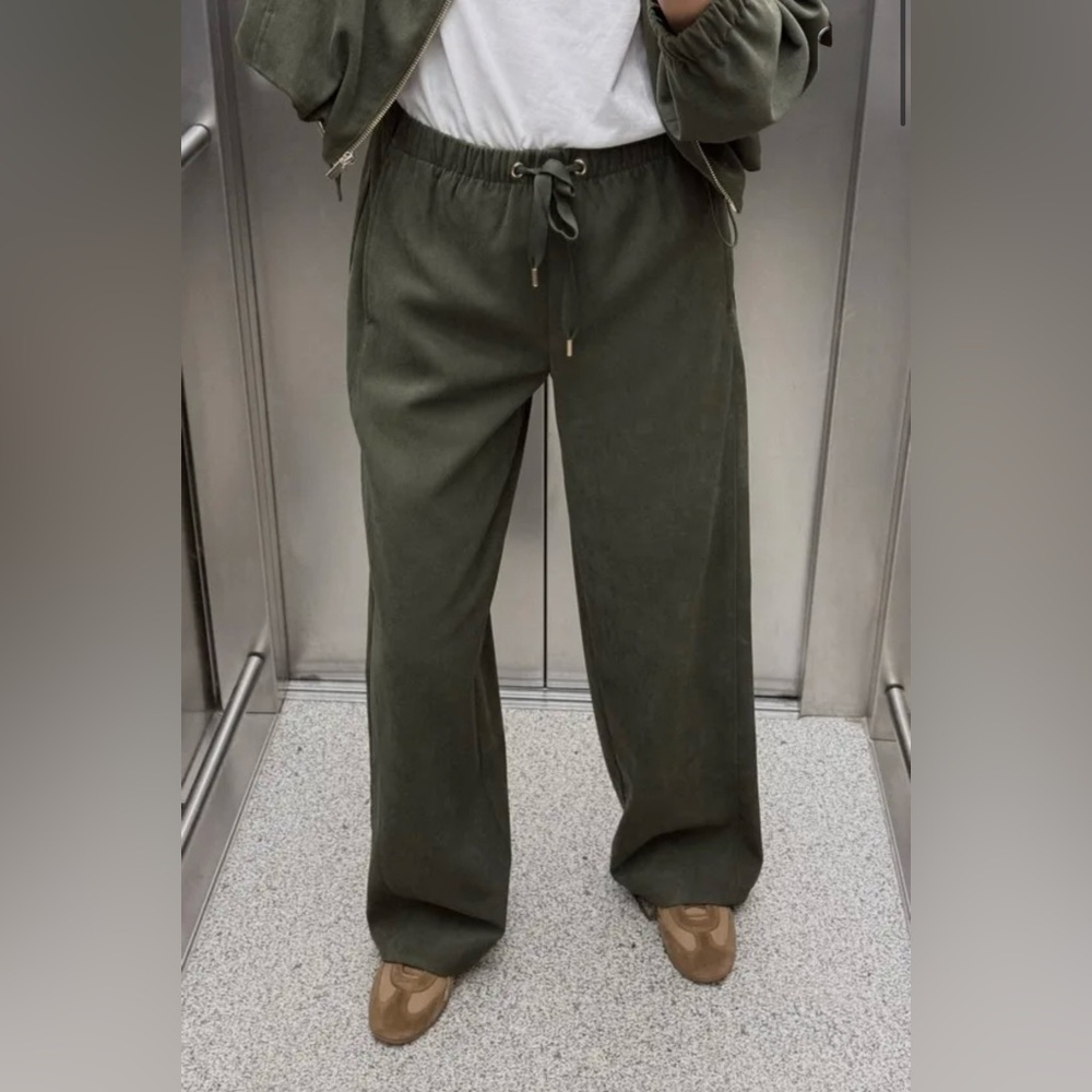 ZARA TEXTURED WIDE LEG PANTS DARK KHAKI GREEN - Picture 4 of 6